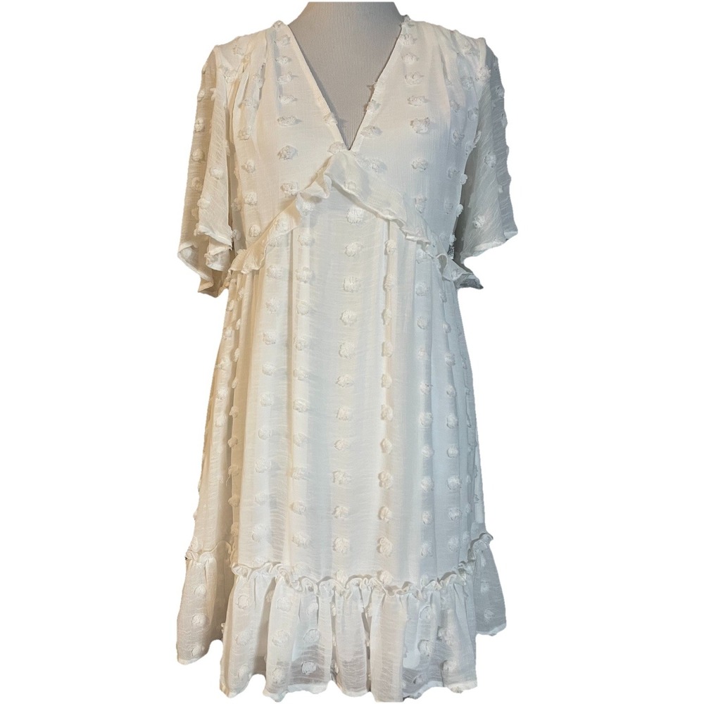 Listicle Swiss Dot Mini Dress Sz M White Flutter Sleeve Ruffles Party Coastal